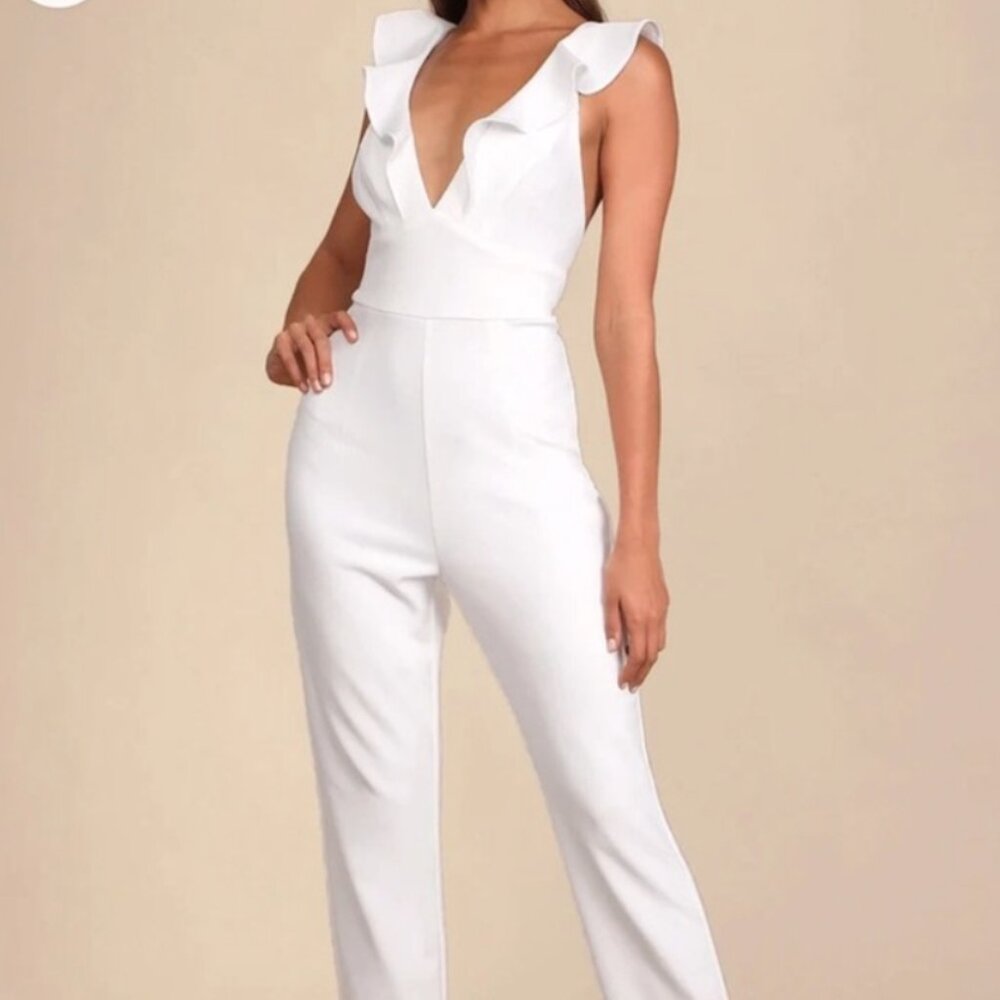 Lulu's White Ruffle Front Deep V Ankle Straight Leg Pants Jumpsuit M